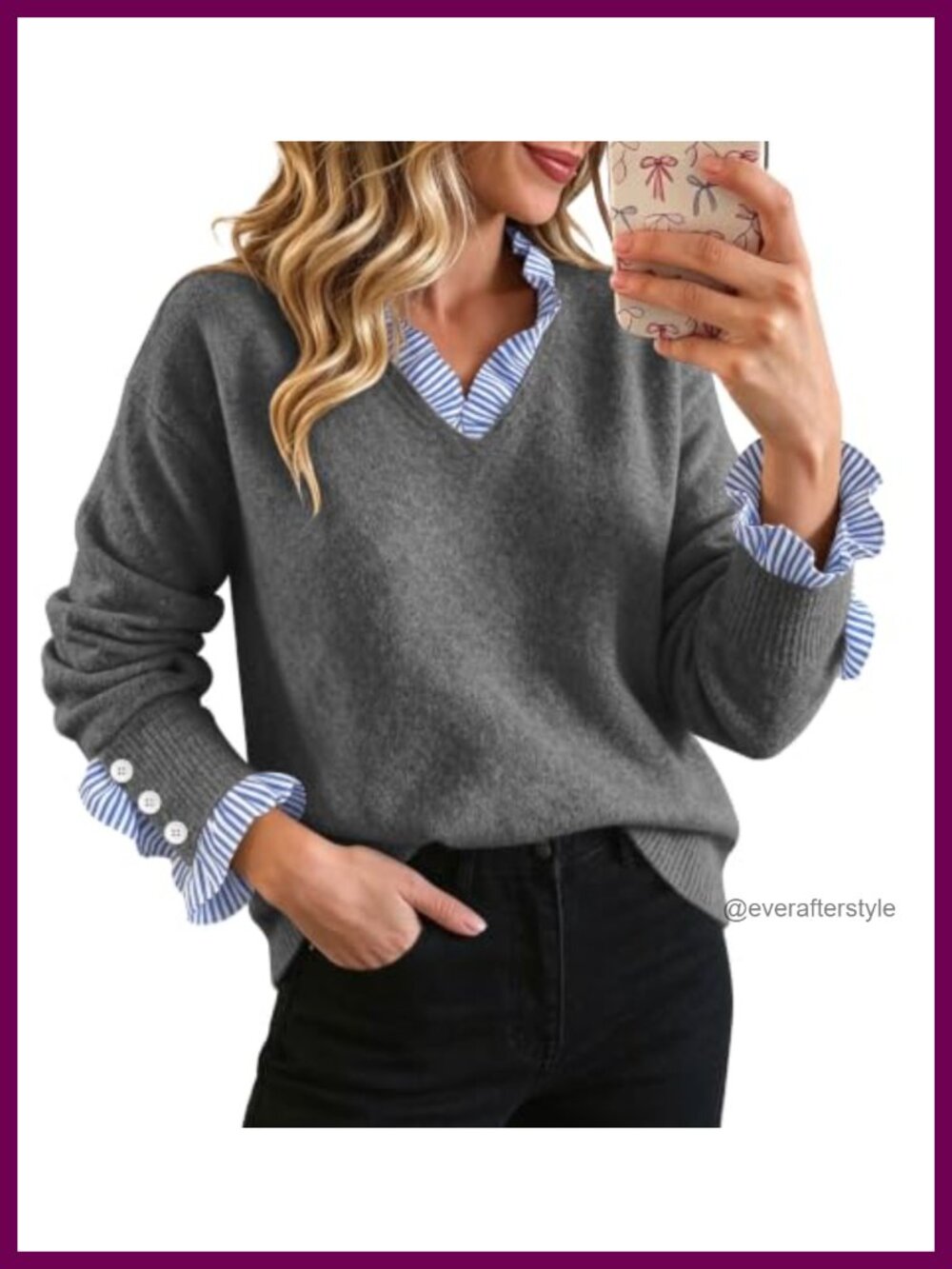 Women's Pullover Sweater 2 in 1 Patchwork V Neck Knit Top